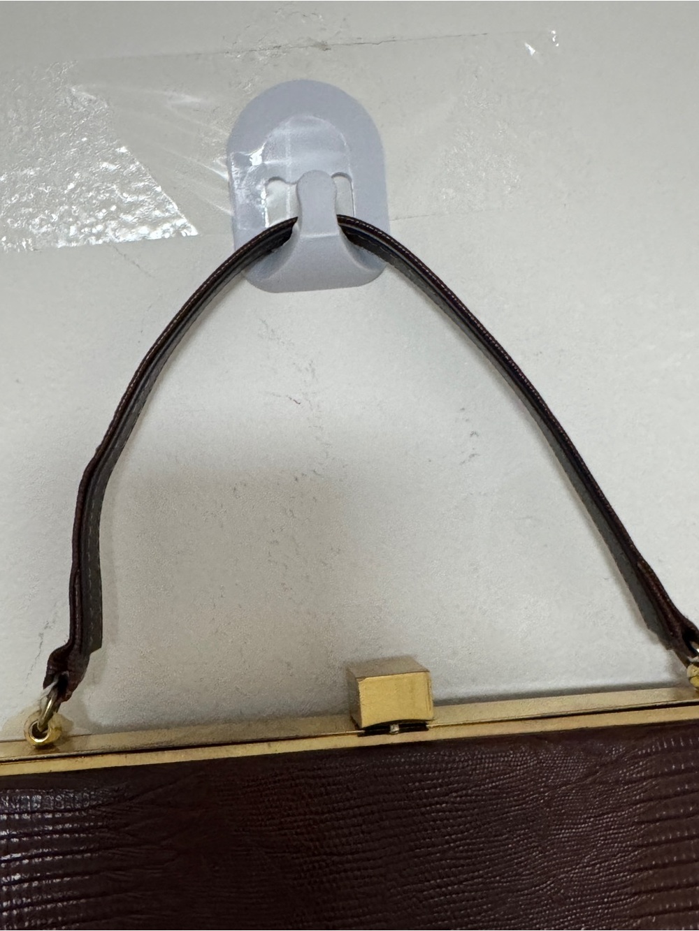 Vintage Brown Lizard Embossed Structured Top Handle Frame Handbag Gold Tone - Picture 5 of 16